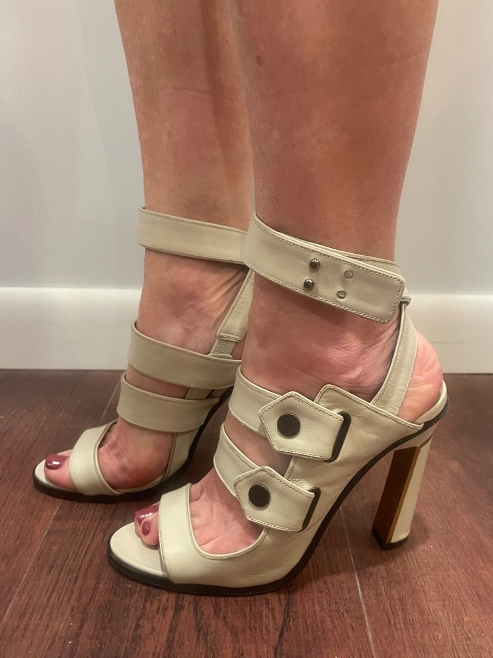 DEREK LAM Off White Wide Belted High Heels